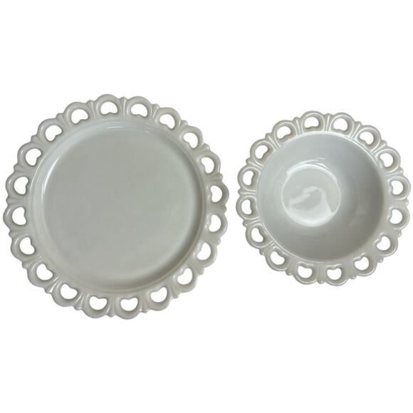 2 PC Anchor Hocking White Milk Glass Lace Edge Serving Plate & Bowl - Picture 3 of 11